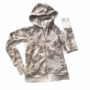 Athleta Triumph Hoodie Women Small Beige Gray Camo Thumbholes Jacket Heavy EUC